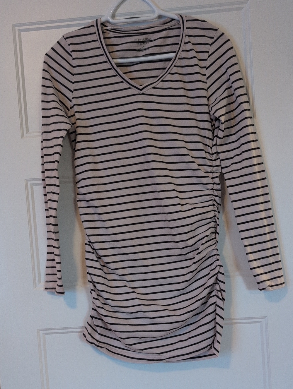 le chateau Cream and Black Striped V-Neck Long Sleeve Top with Side Ruching